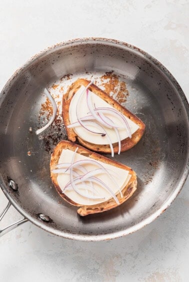 grilled cheese in pan.