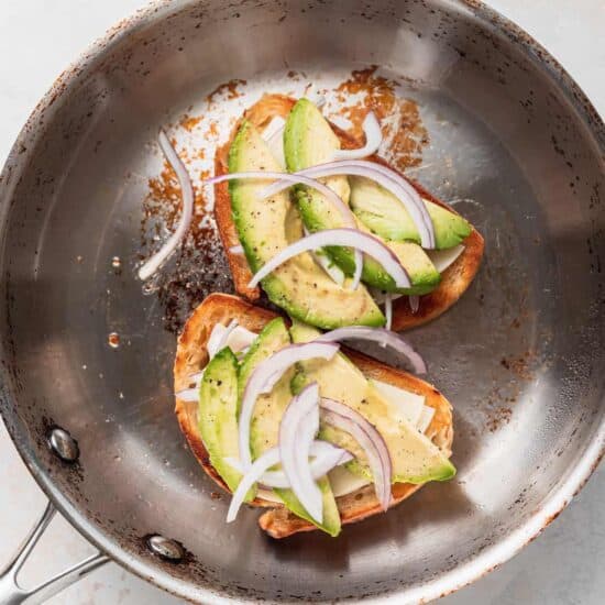 avocado grilled cheese in pan.