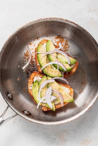 avocado grilled cheese in pan.