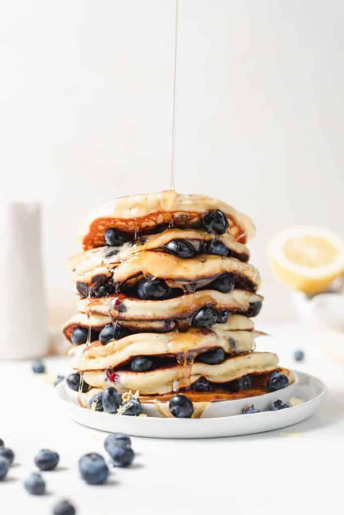 stack of ricotta pancakes with blueberries