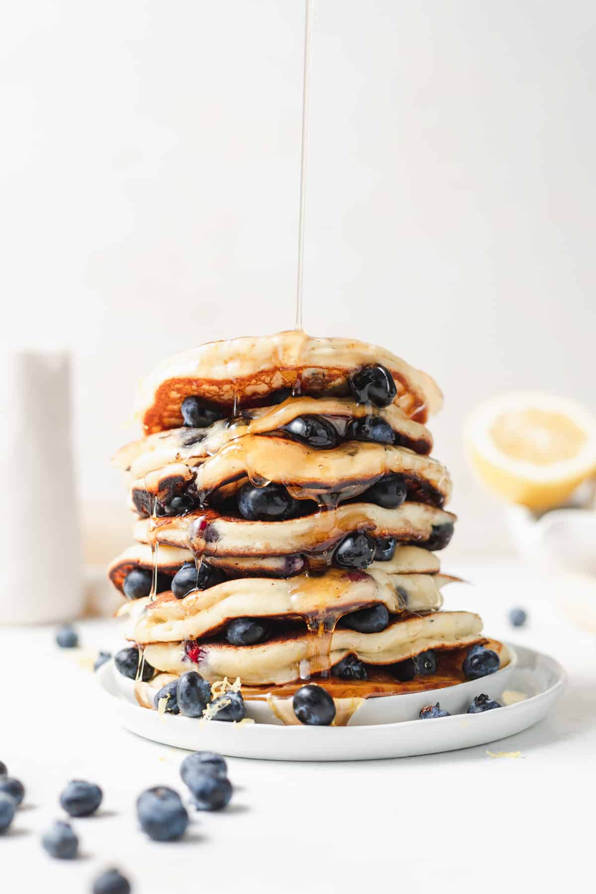 stack of ricotta pancakes with blueberries