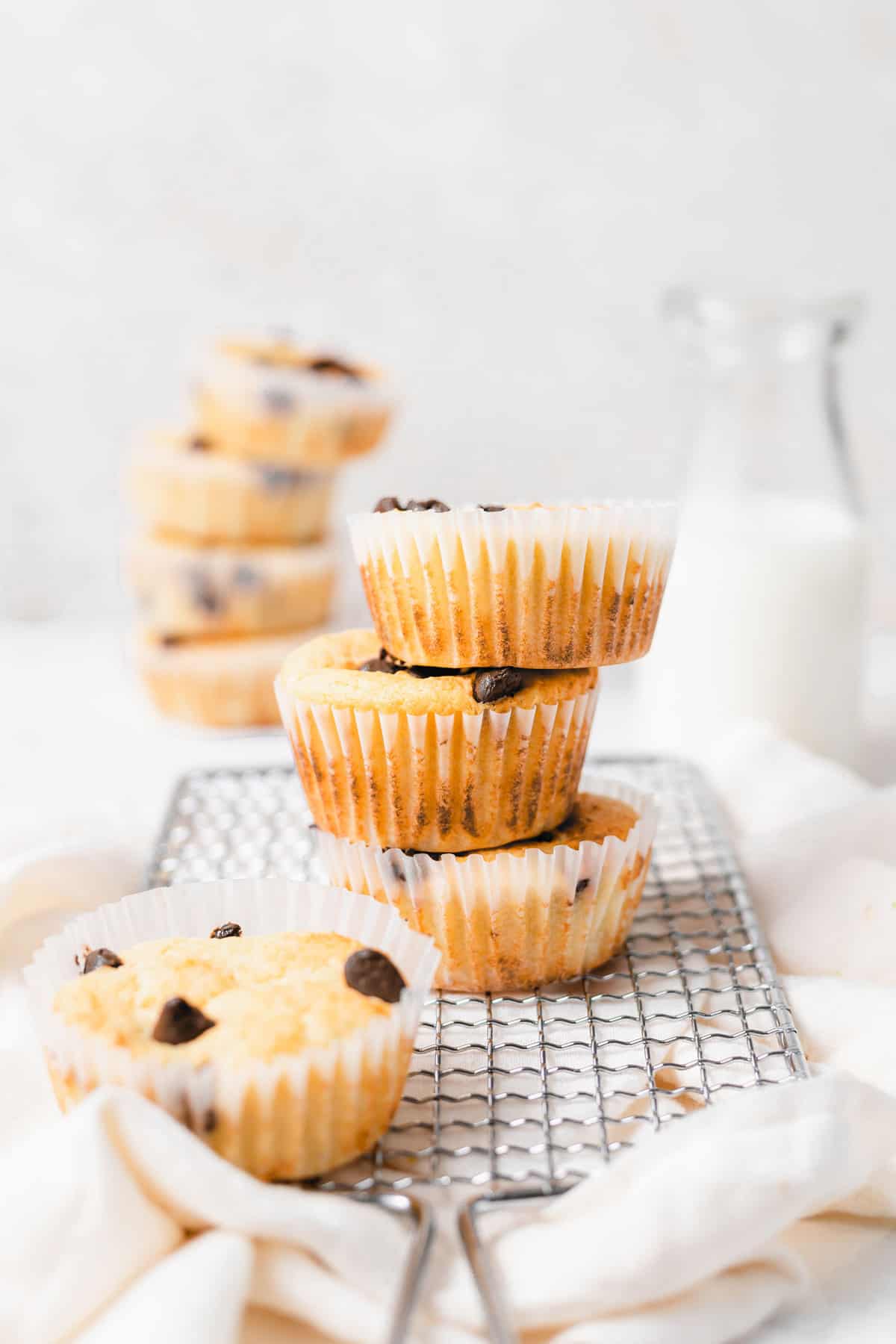 chocolate chip ricotta muffins in muffin liners.