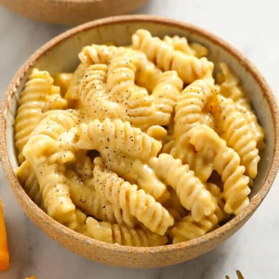 close up of a bowl of gluten free mac and cheese