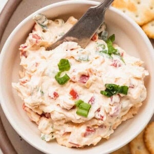 A bowl of cheesy dip with crackers in it.