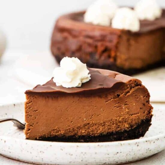 a slice of chocolate cheesecake on a plate