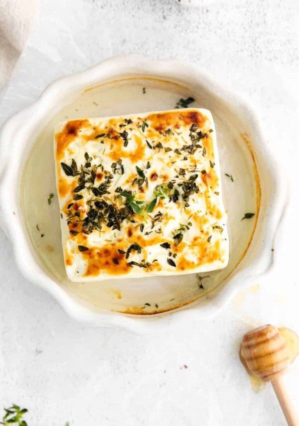 grilled feta cheese in a ramekin