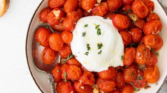 warm burrata and roasted tomatoes.