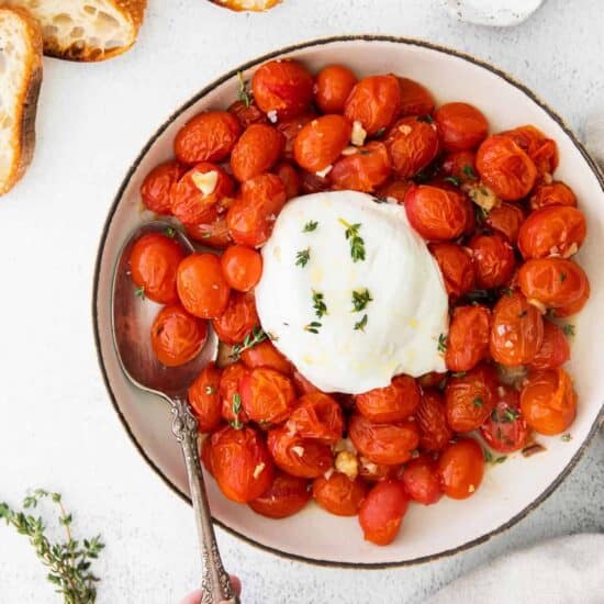 warm burrata and roasted tomatoes.