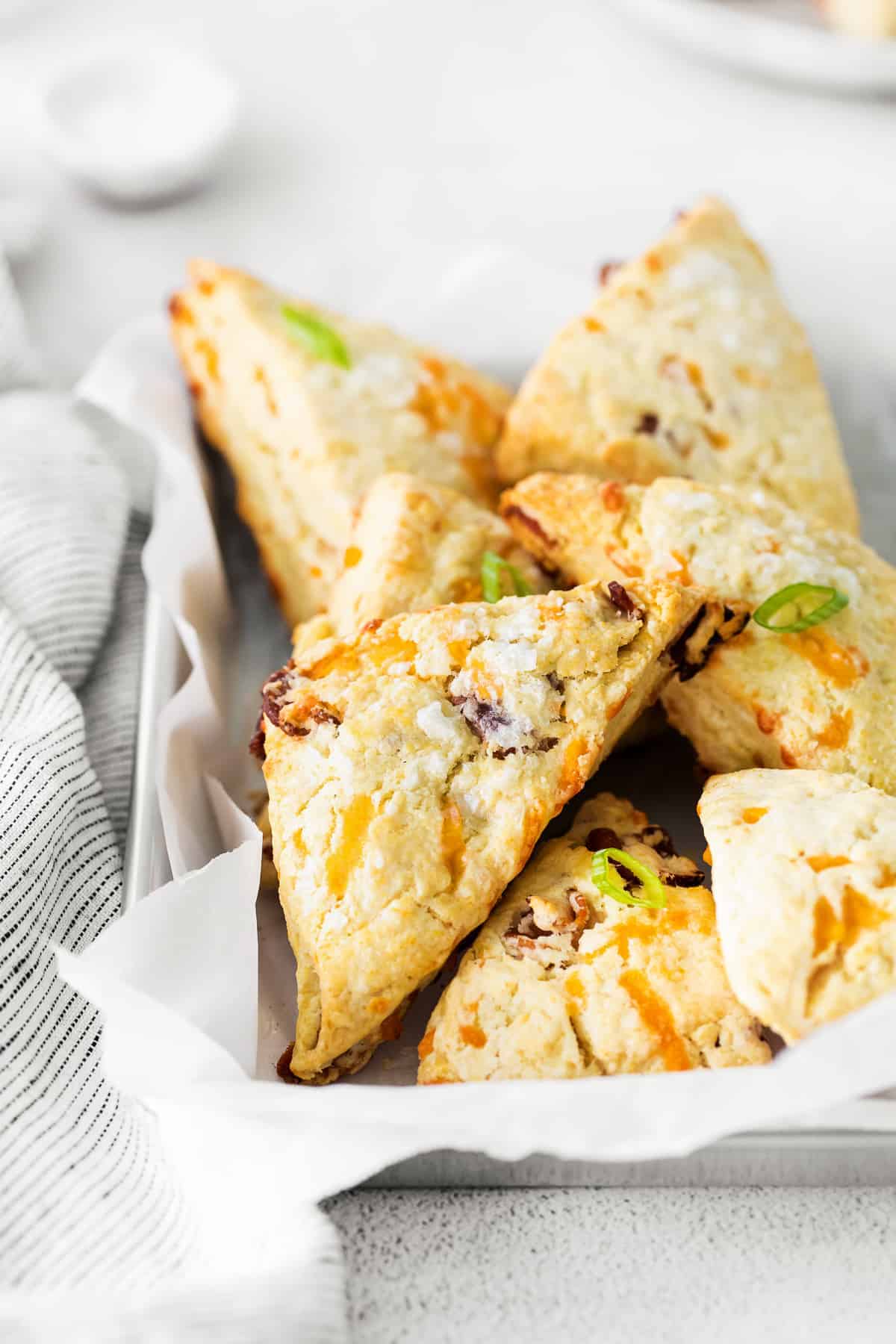 A basket of bacon and cheddar scones. 