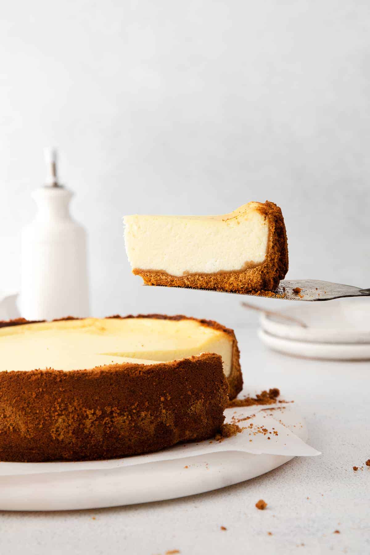 Lifting a piece of cheesecake out of the pan with a spatula.