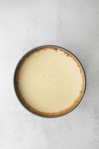 A classic cheesecake displayed on a white background.