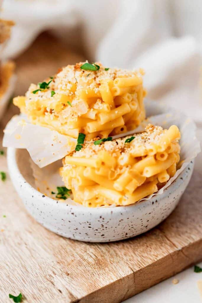 mac and cheese cups stacked