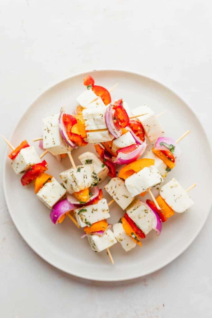 prepared halloumi skewers ready to be grilled