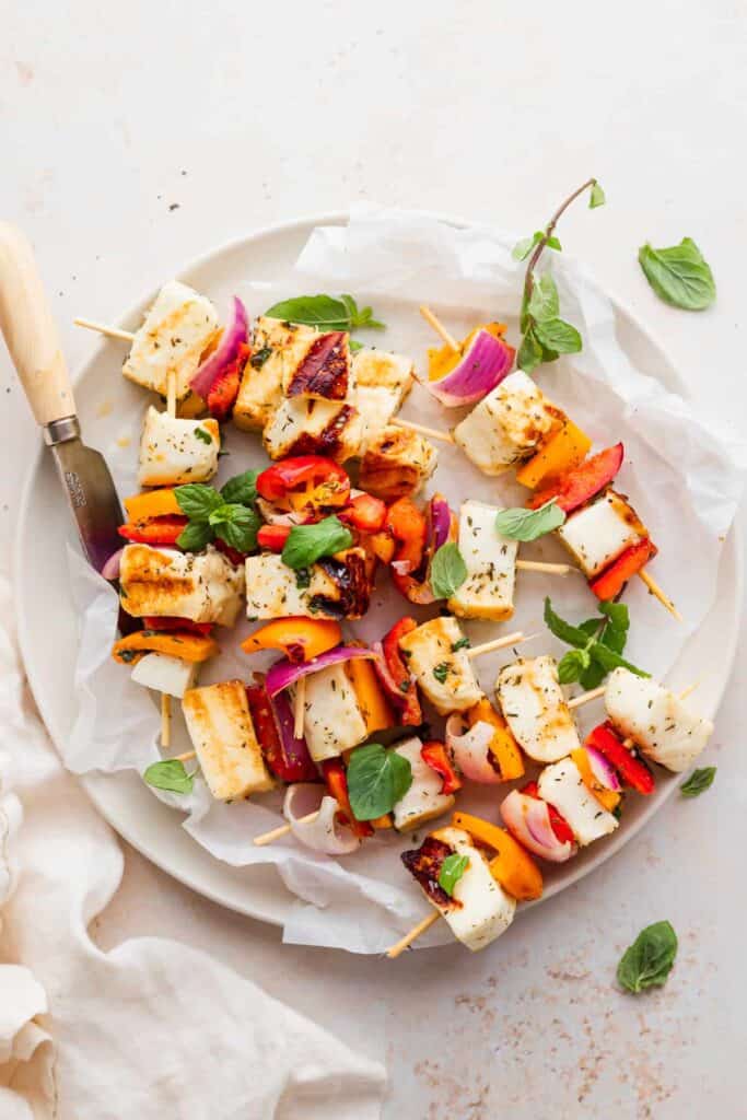 grilled halloumi skewers on a plate