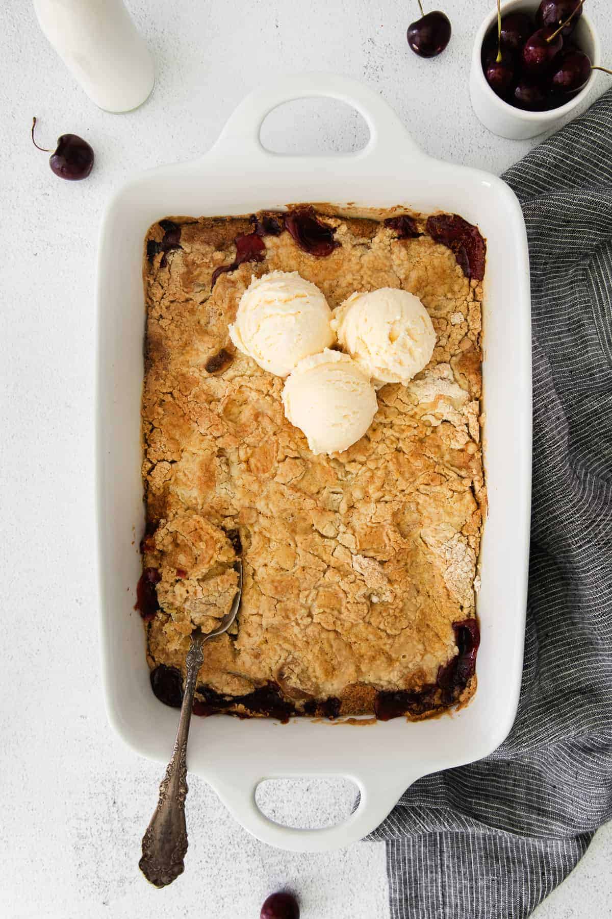 cherry dump cake in casserole dish.