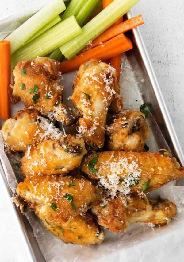 a tray of air fryer garlic parmesan wings