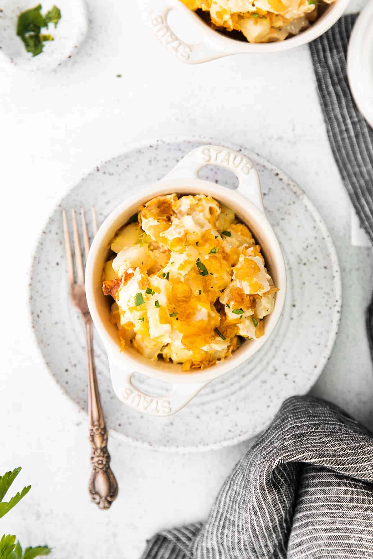 Cheesy hashbrowns in a bowl.