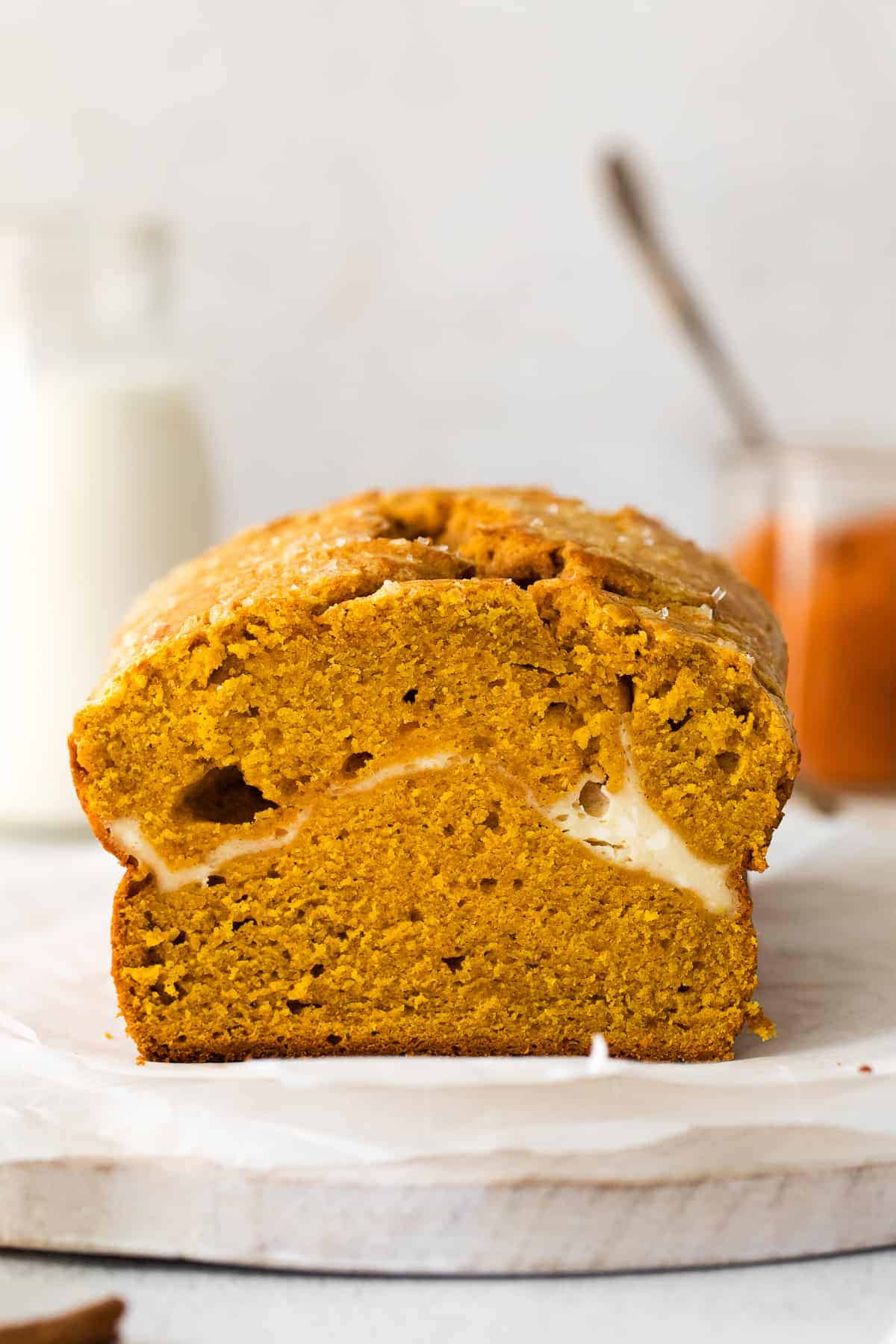 slice of pumpkin cream cheese bread