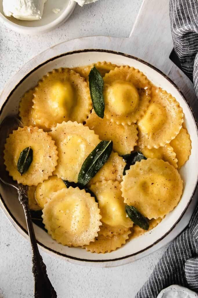 goat cheese ravioli in a bowl