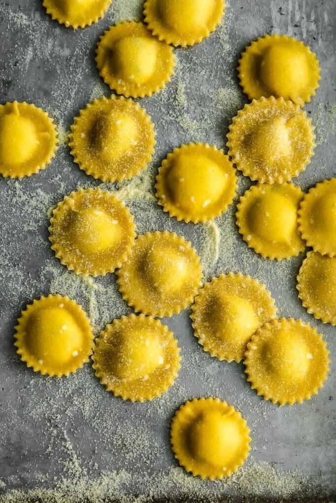 goat cheese ravioli dusted with semolina flour