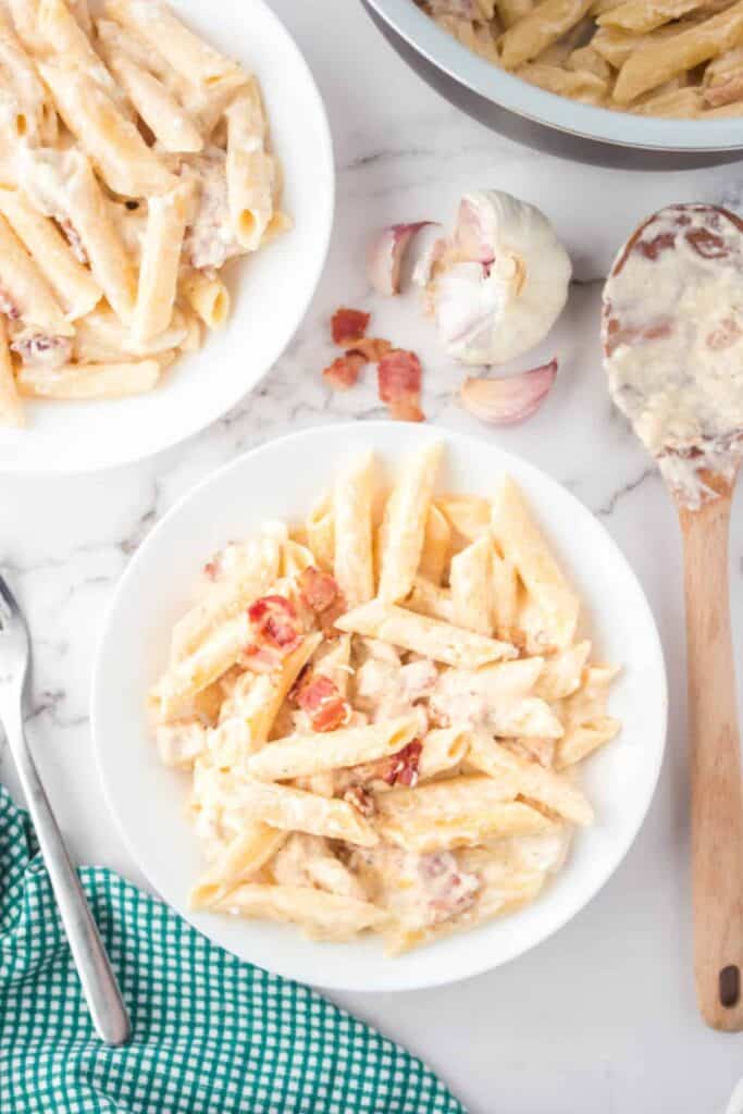 Chicken bacon ranch pasta on a plate. 