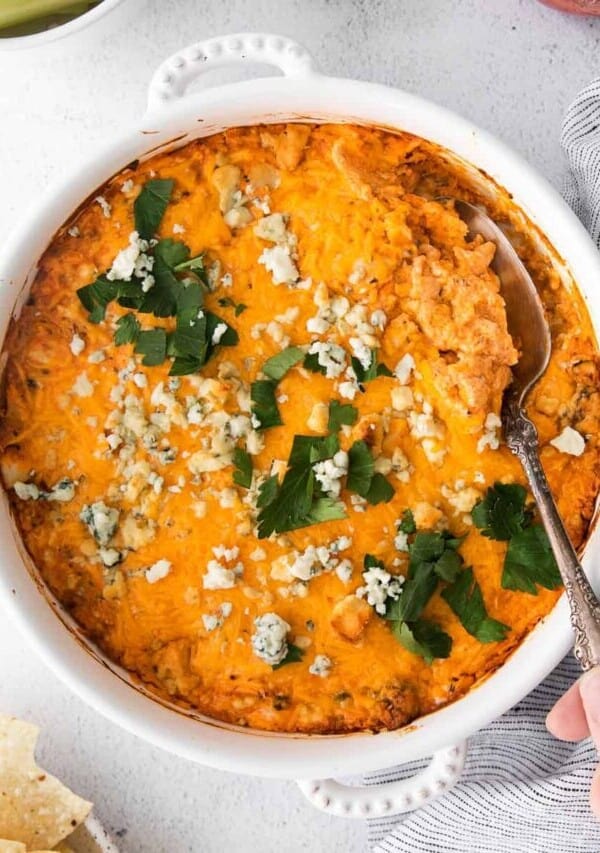Blue Cheese Buffalo Chicken Dip with a spoon