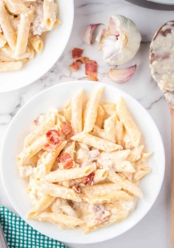 a plate of Instant Pot Chicken Bacon Ranch Pasta
