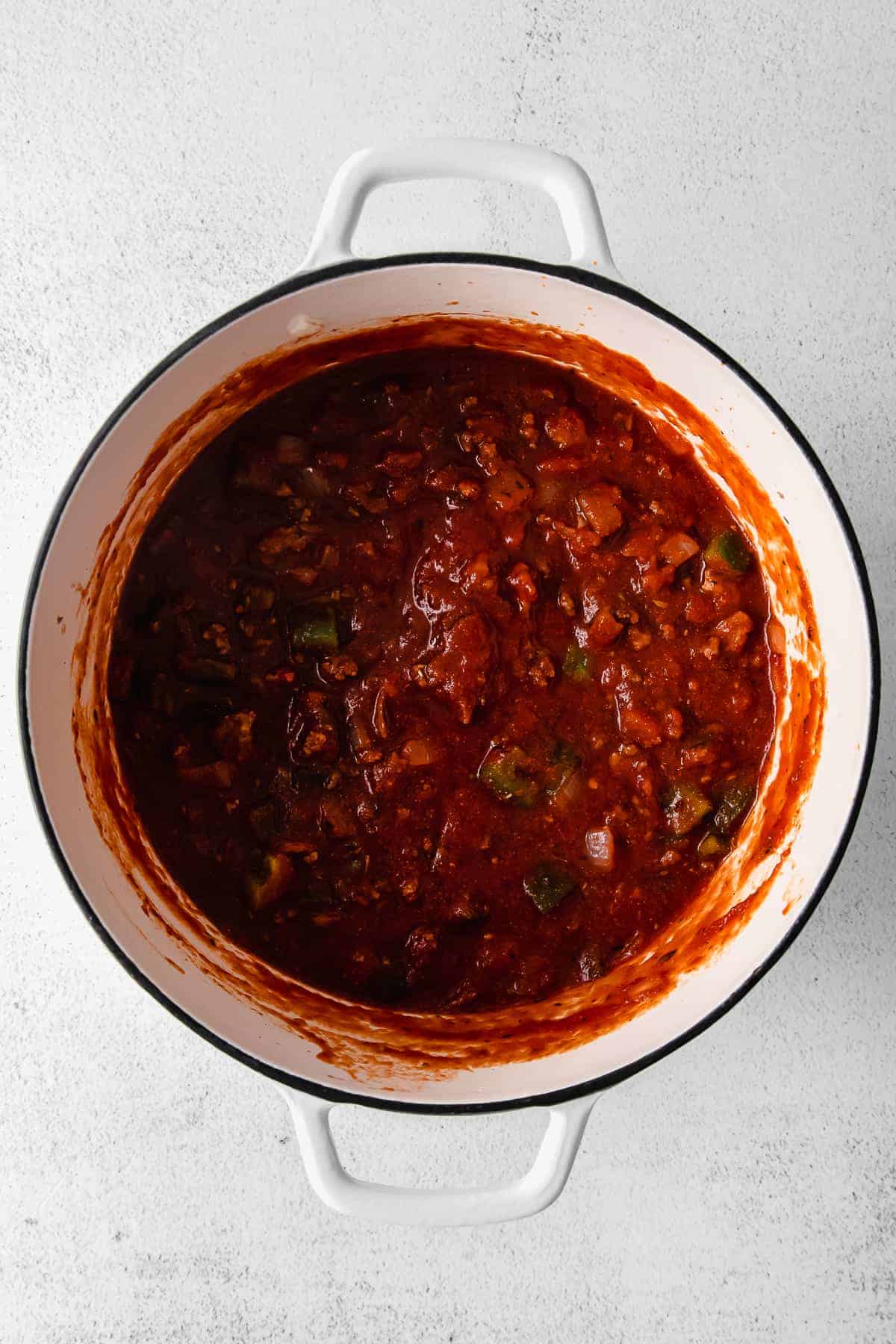 Baked Ziti Marinara in a dutch oven. 