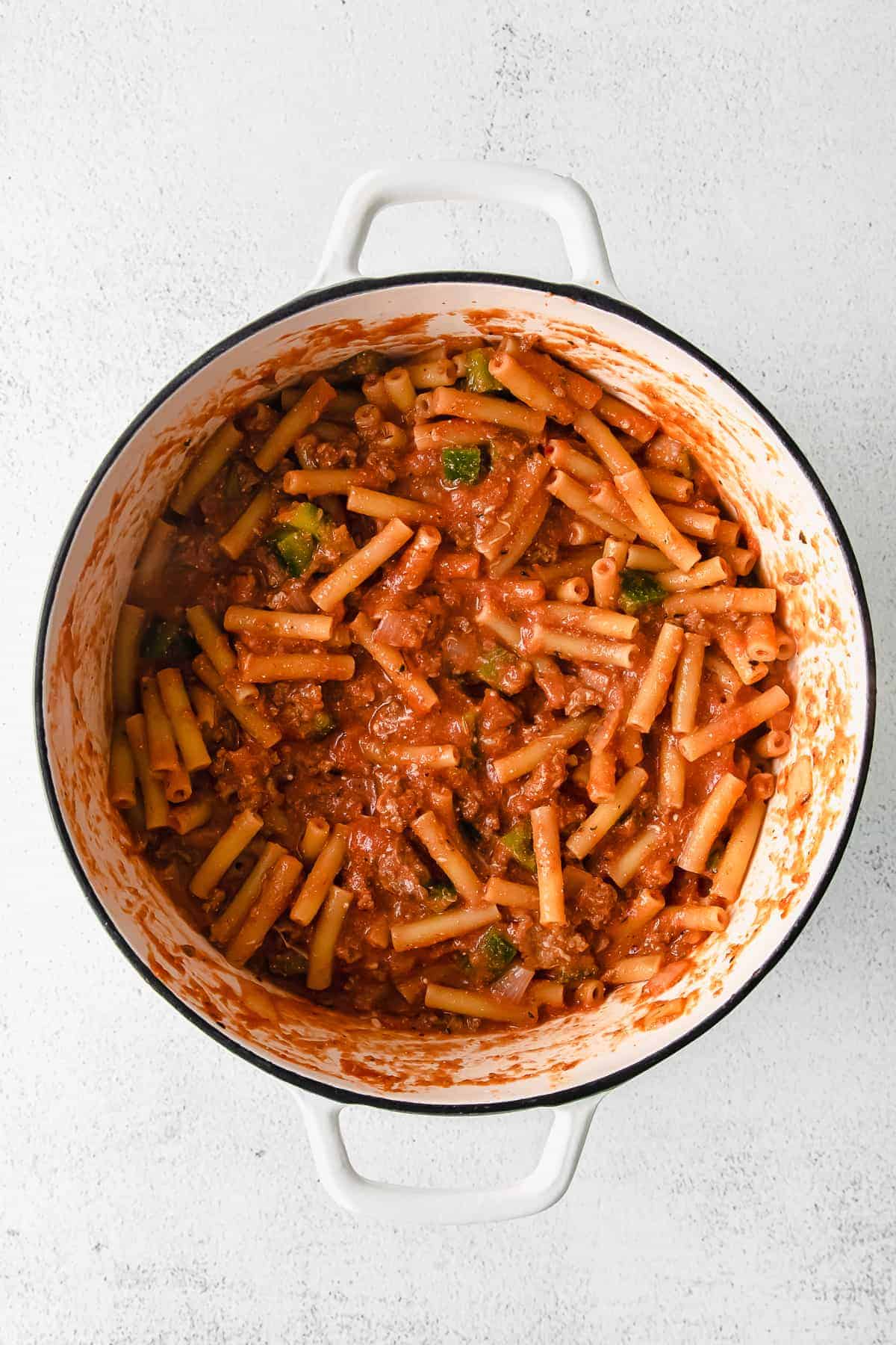 Baked Ziti in a dutch oven. 