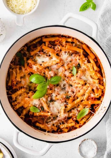 Baked ziti in a dutch oven.