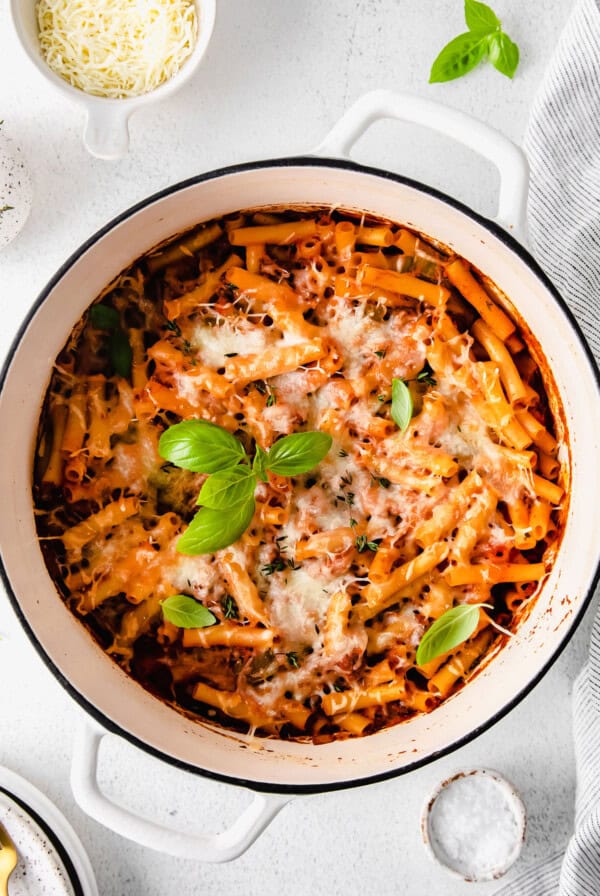 Baked ziti in a dutch oven.