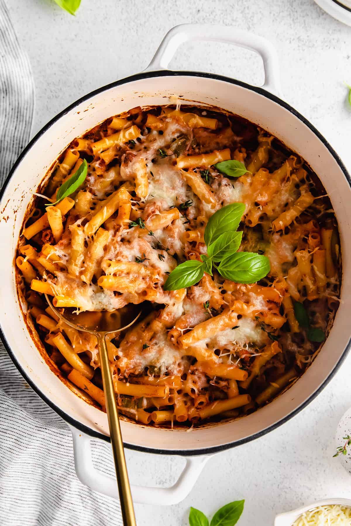 Baked ziti plated in a bowl. 