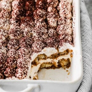 A casserole dish of tiramisu.