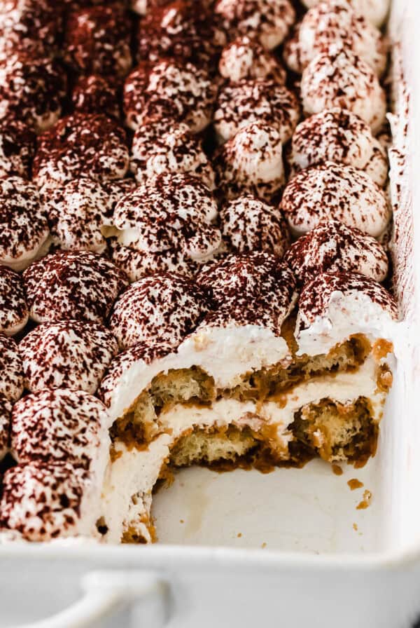 A casserole dish of tiramisu.