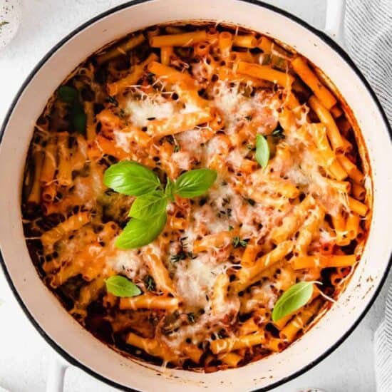 Baked ziti in a dutch oven.