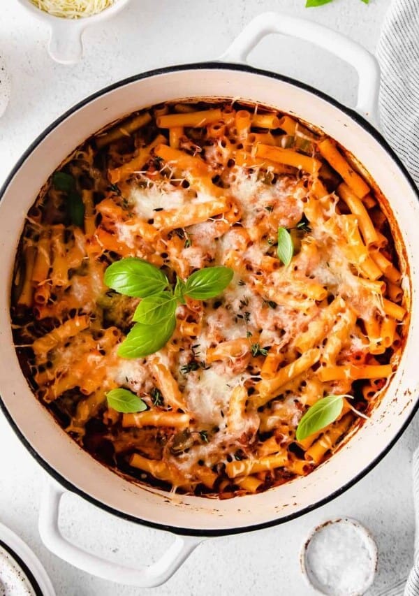 Baked ziti in a dutch oven.