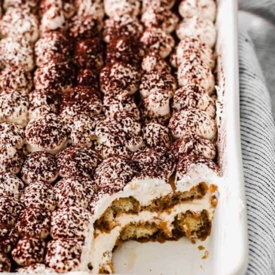 classic tiramisu in a baking dish