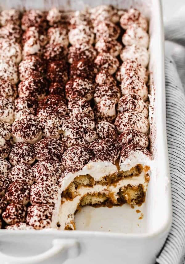 classic tiramisu in a baking dish