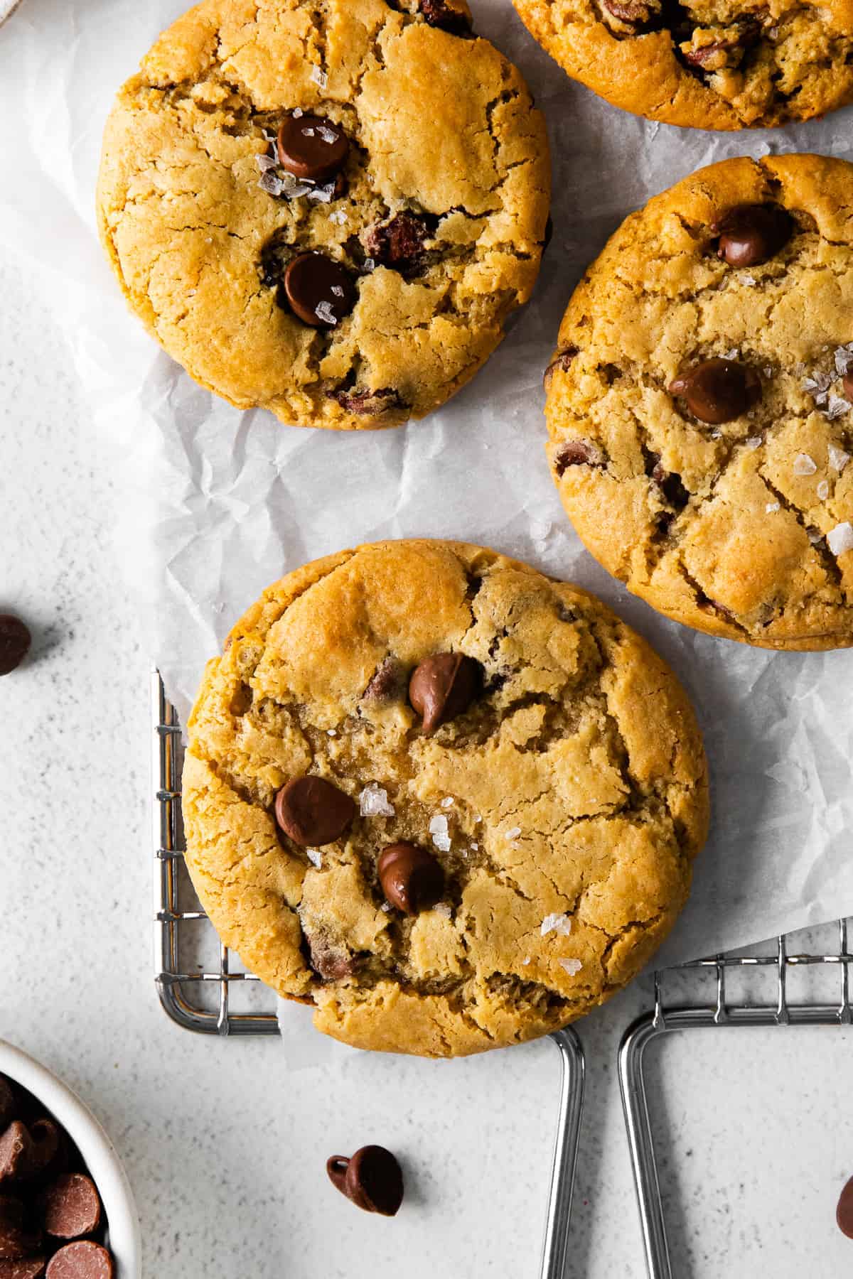 cream cheese chocolate chip cookies topped with flakey sea salt