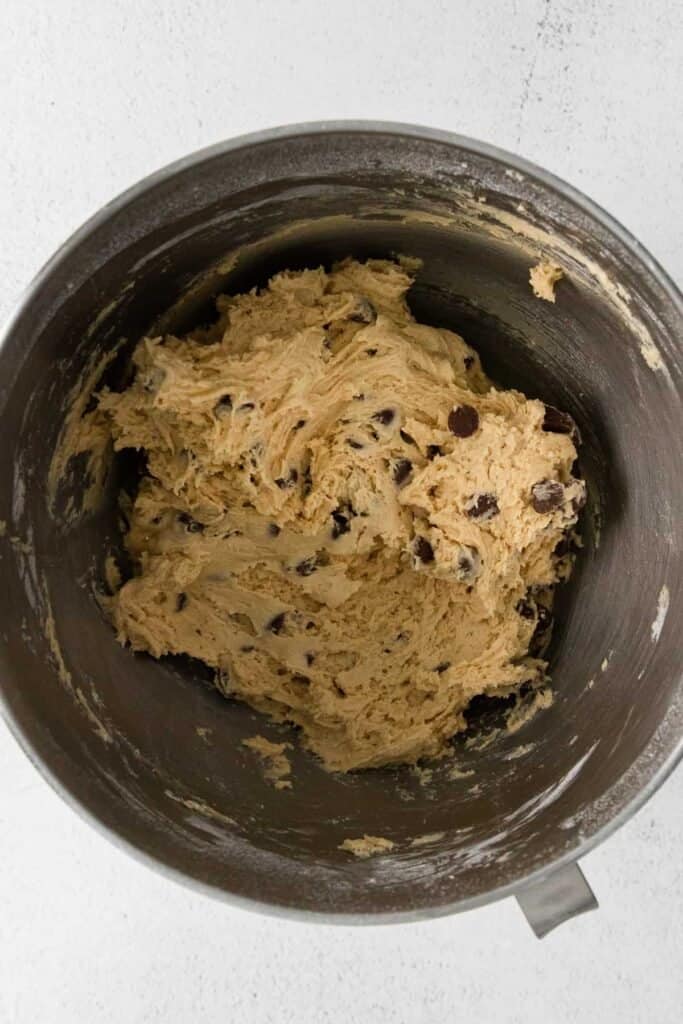cream cheese chocolate chip cookie dough in a stand mixer bowl