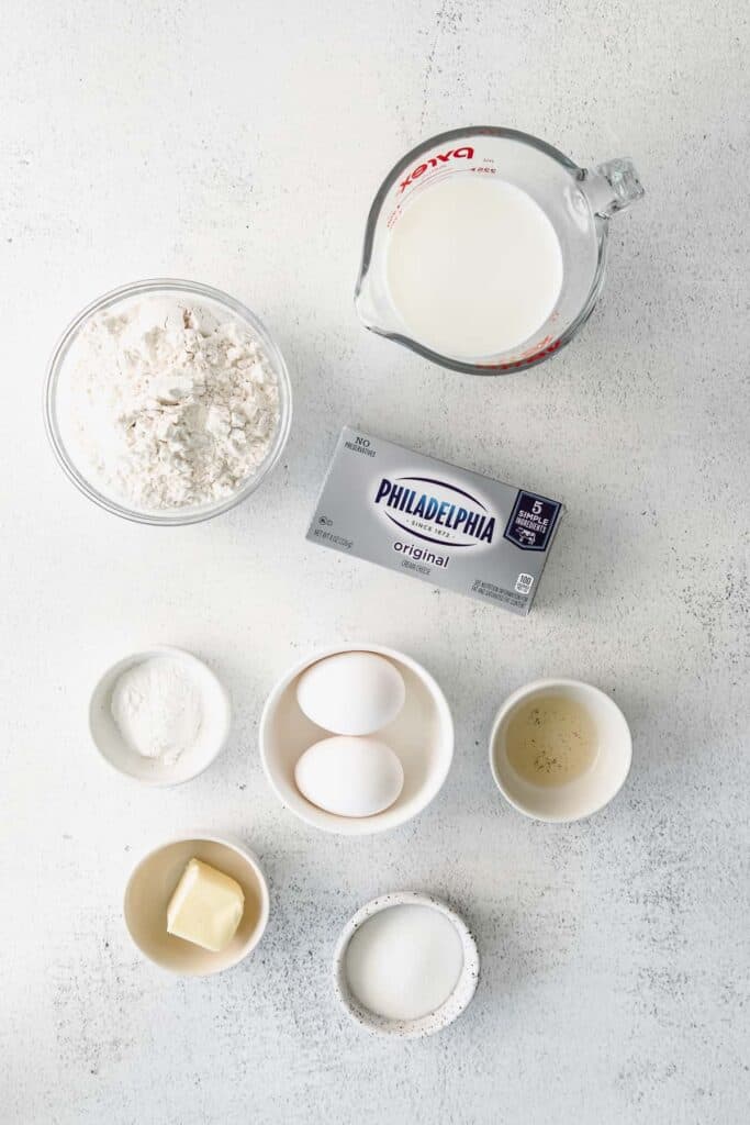 ingredients for cream cheese pancakes in bowls