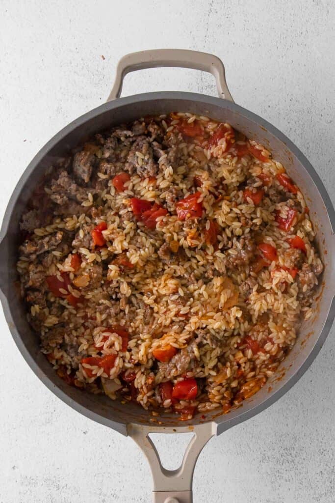 orzo mixture in pan