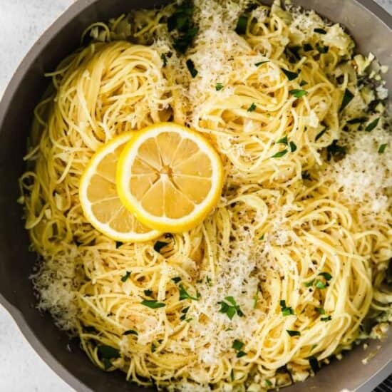 a pan of lemon garlic pasta