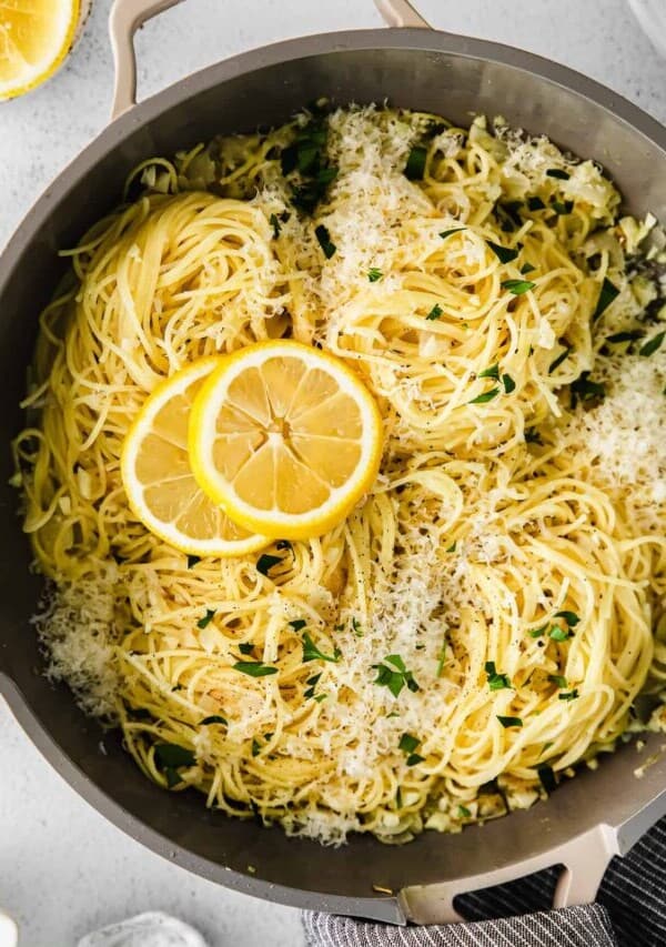 a pan of lemon garlic pasta