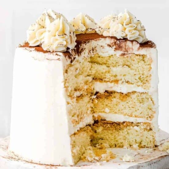 tiramisu layer cake on a cake stand