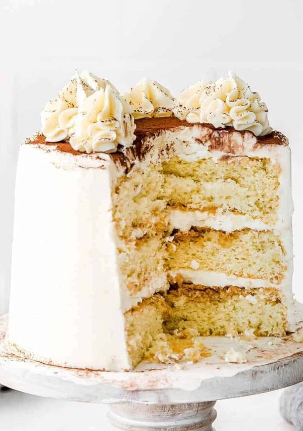 tiramisu layer cake on a cake stand