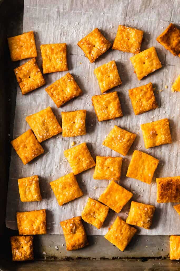 Cheez its on baking sheet.