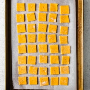 squares of cheese on a baking sheet.