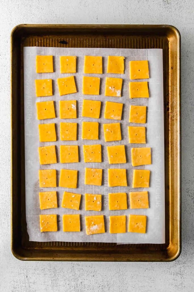 Cheez its sliced in baking sheet.
