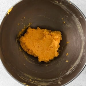 mashed sweet potato in a mixing bowl.